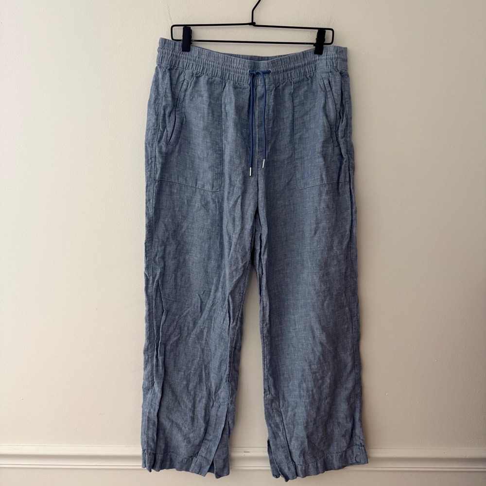 Athleta Women Cabo 100% linen wide leg pants size 12 Blue
